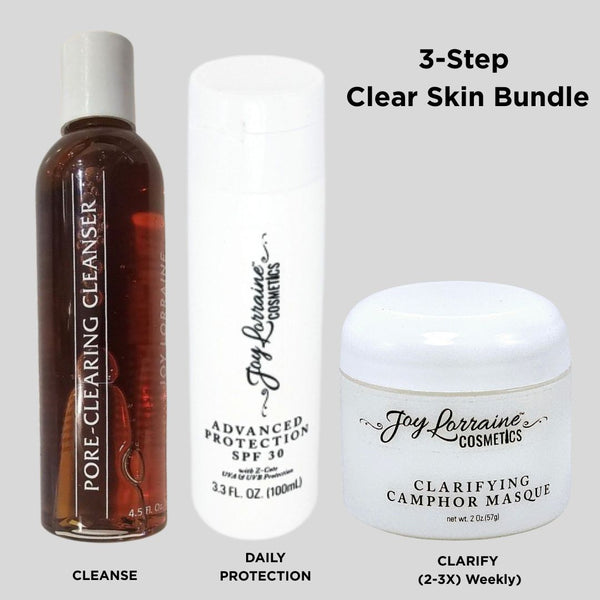 3-Step acne skincare bundle featuring a pore clearing face wash, Advanced Protection SPF 30 sunscreen, and clarifying treatment masque for acne-prone skin, including mild to moderate acne and well suited for melanin-rich skin. 
