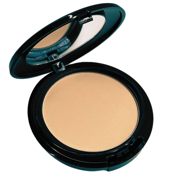 Open compact with almond powder foundation with hidden sponge applicator in Piarco shade.
