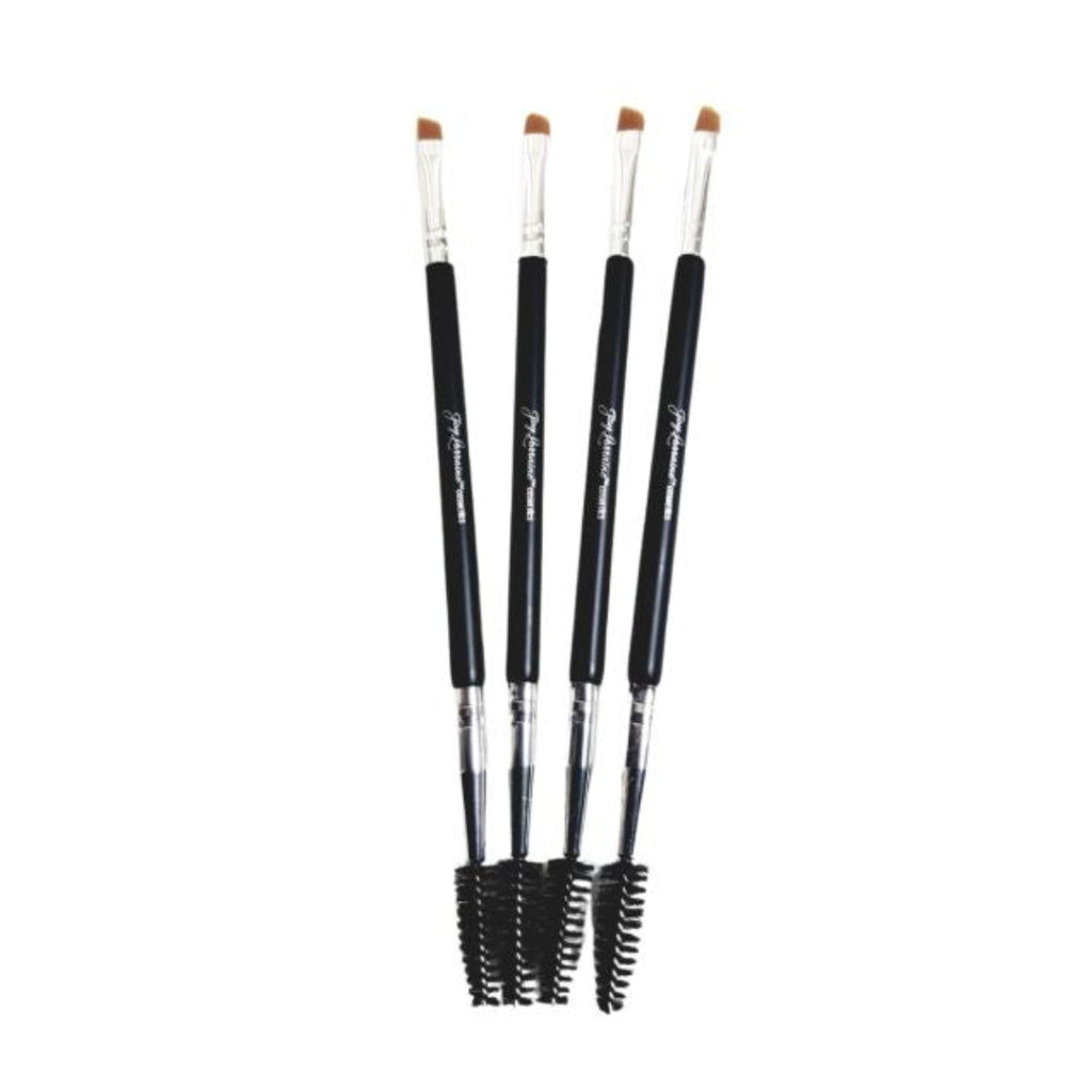 Dual-ended brow brush with a slanted tip on one end and a spoolie brush for filling, shaping and blending.