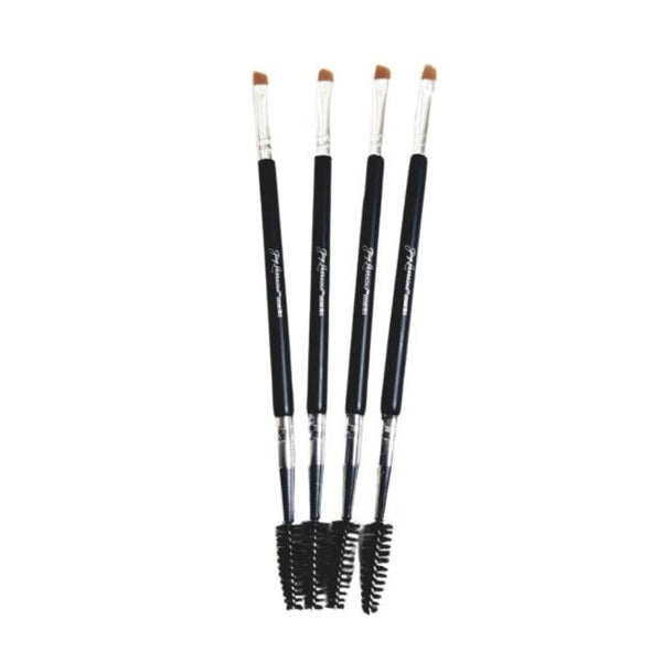 Dual-ended brow brush with a slanted tip on one end and a spoolie brush for filling, shaping and blending.