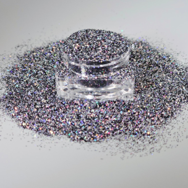 Loose cosmetic grade glitter mix in open jar with intense sparkles for bold eye looks, face glitter makeup looks, glitter lips and body art.