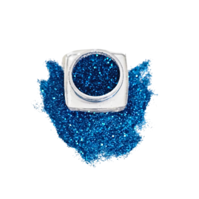 Cosmetic grade loose glitter in open jar with intense sparkles for bold eye looks, face glitter makeup looks, glitter lips and body art.