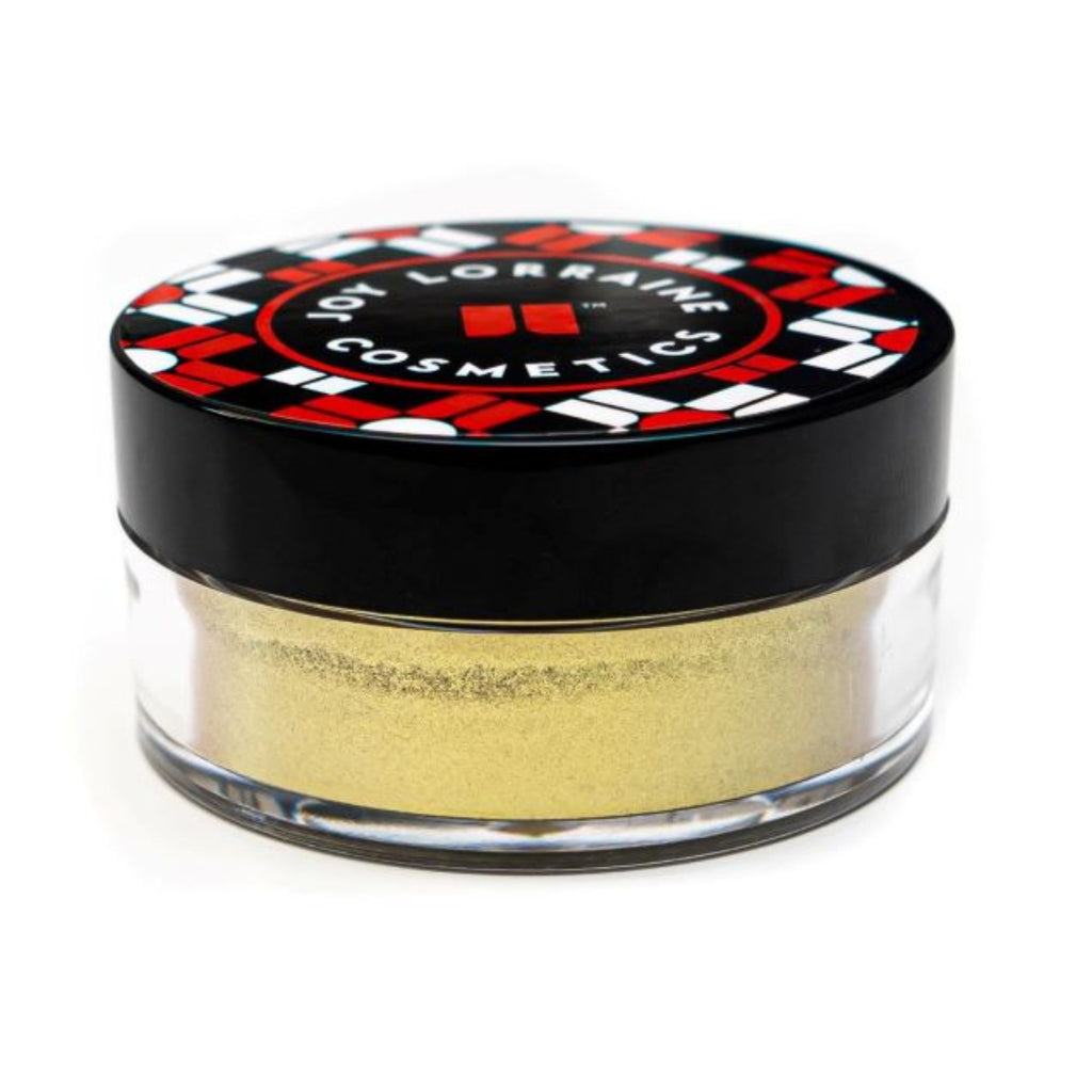 Caribe loose shimmer powder in closed jar with radiant gold highlighter for face and body.