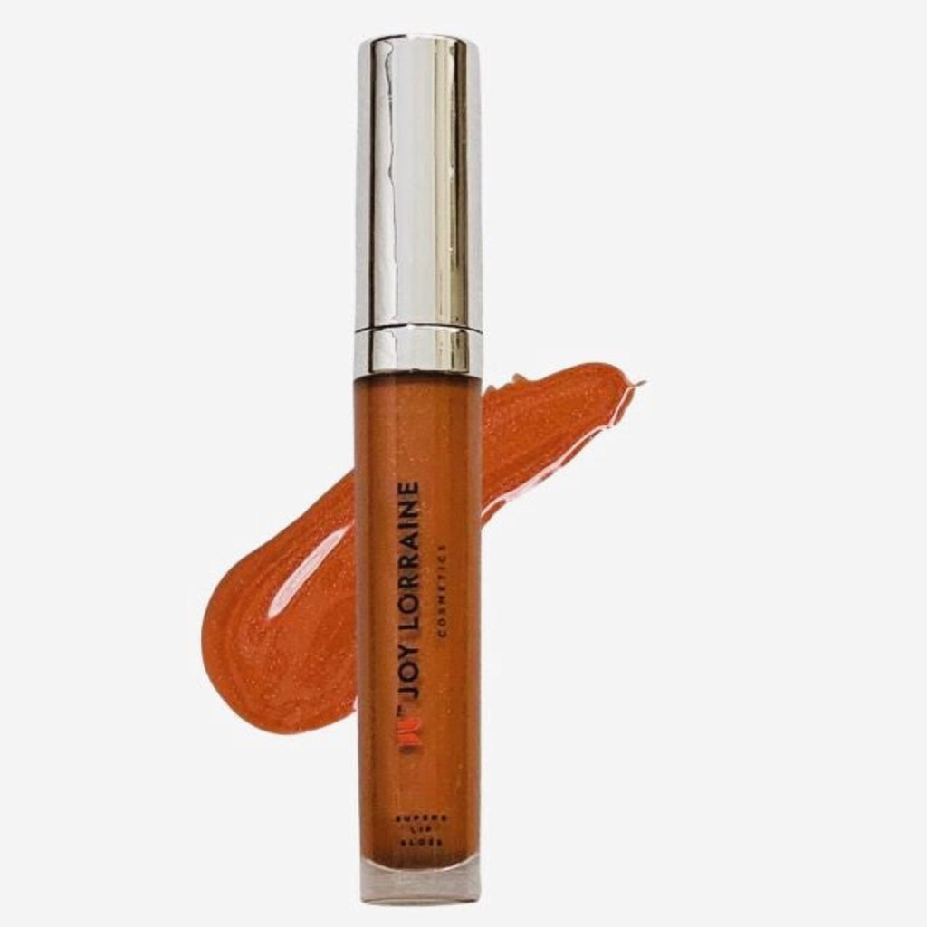Cinnamon vegan lip gloss with high-shine, non-sticky finish shown with swatch designed to complement melanin-rich skin tones.