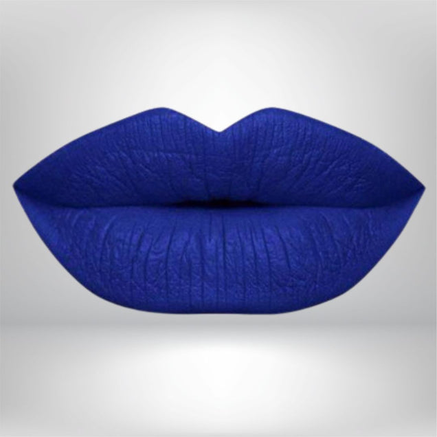 A cobalt blue matte serpent lipstick swatch showing high-intensity color for bold makeup lovers.
