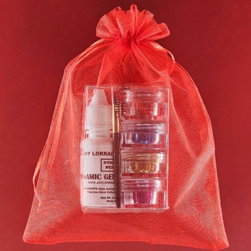 Four cosmetic grade loose glitters, vegan glitter makeup glue, and mini brush for eyes, face, and body makeup.