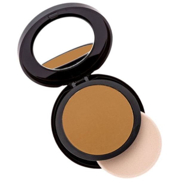 Open compact with dark olive powder foundation with sponge applicator in Maple Sugar shade.
