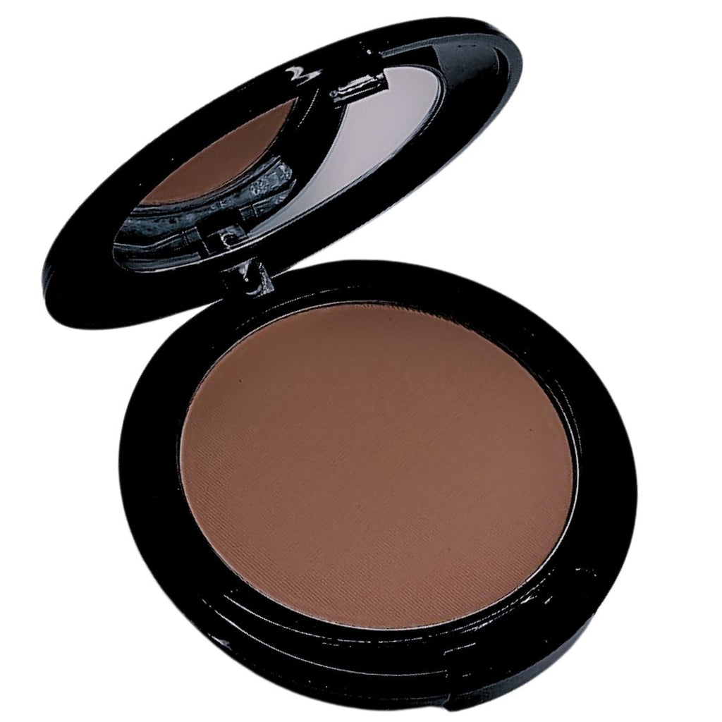 Open compact with deep cocoa powder foundation with hidden sponge applicator in Trinidad shade.
