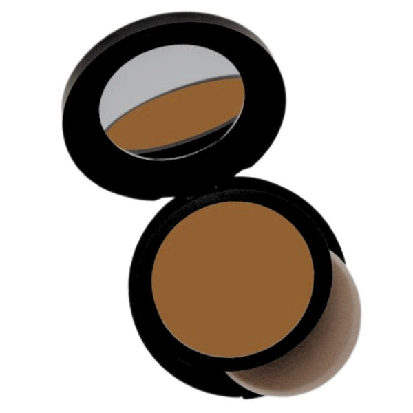 Open compact with deep hazelnut powder foundation with sponge applicator in Pecan shade.
