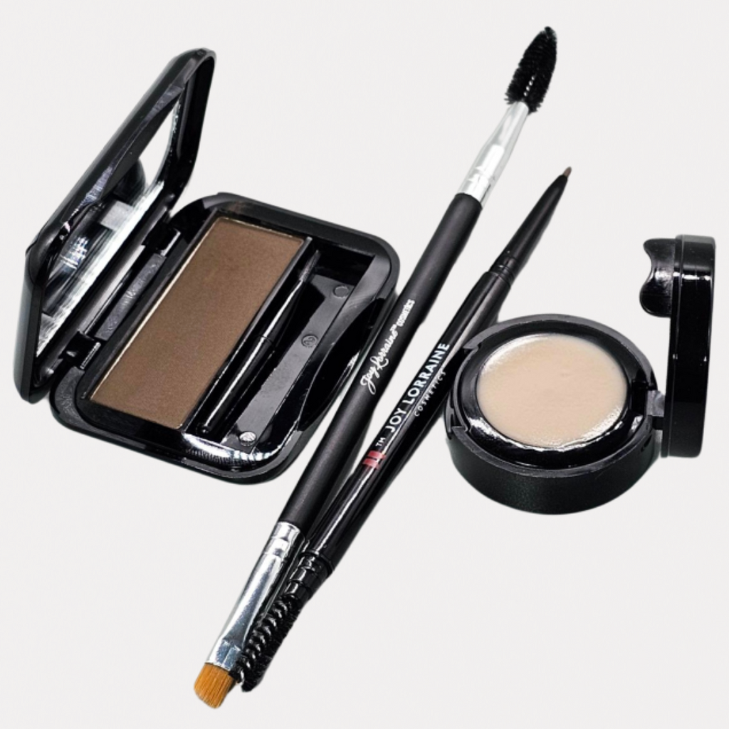 A brow kit with Eyebrow Powder, waterproof Eyebrow Pencil, Primer Wax, and Angled Brush with spoolie for blending, defining and shaping.