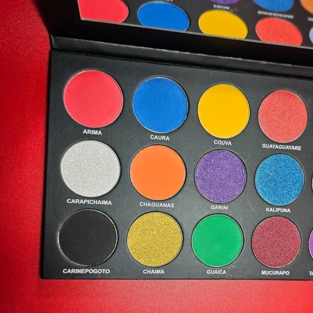 Eyeshadow Palette - Amerindian Paradise showing 12 colorful shades of high pigment matte and shimmer finishes for day to night looks.