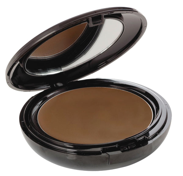 Fudge orange base cream compact foundation makeup in mirrored compact with hidden sponge applicator for warm undertones and melanin-rich skin.
