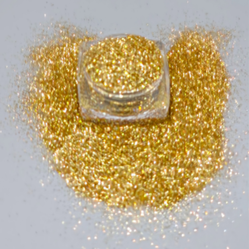 Cosmetic grade loose glitter in open jar with intense sparkles for bold eye looks, face glitter makeup looks, glitter lips and body art.