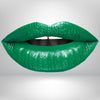 A green metallic wintergreen lipstick swatch showing high-intensity pigments for bold makeup lovers.
