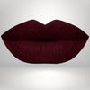 Close-up of lips in burgundy shade with long-wear, smudge-resistant matte finish.