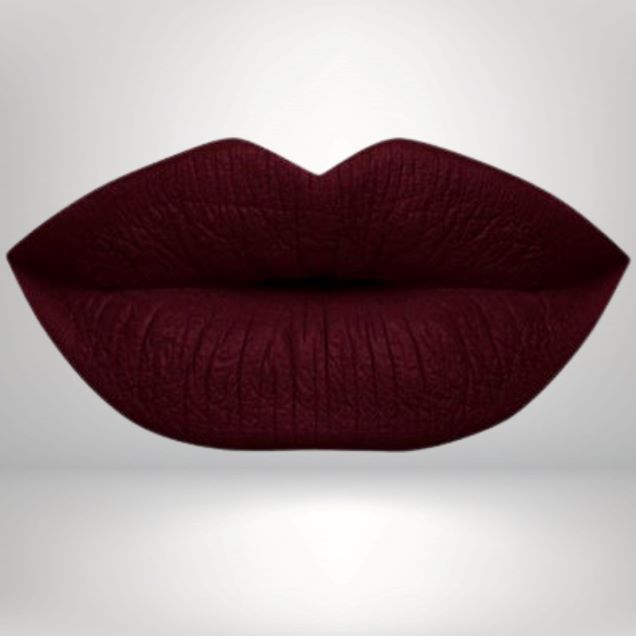 Close-up of lips in burgundy shade with long-wear, smudge-resistant matte finish.