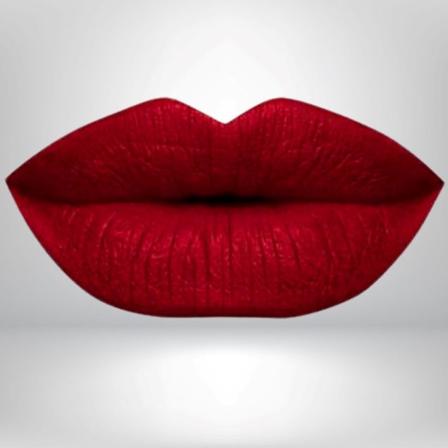 Close-up of lips in classic red shade with long-wear, smudge-resistant matte finish.