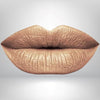 Close-up of lips in metallic gold shade with long-wear, smudge-resistant matte finish.