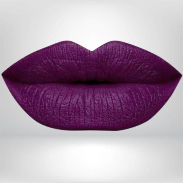 Close-up of lips in rich purple shade with long-wear, smudge-resistant matte finish.
