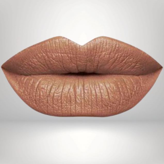 Close-up of lips in warm brown shade with long-wear, smudge-resistant matte finish.