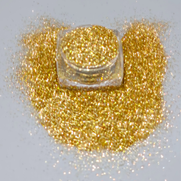 True Gold loose glitter -24K in open jar with ultrafine cosmetic-grade glitter for eyes, face, lips and body. 