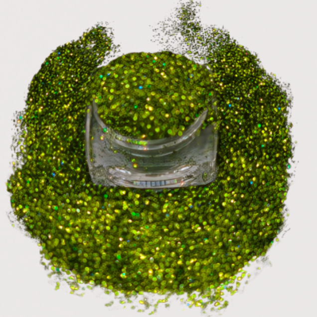 Hunter Green loose glitter - Avocado in open jar with ultrafine cosmetic-grade glitter for eyes, face, lips and body. 