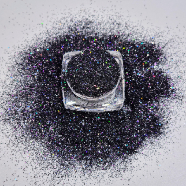 Holo Black loose glitter - Brooklynite in open jar with ultrafine cosmetic-grade glitter for eyes, face, lips and body. 