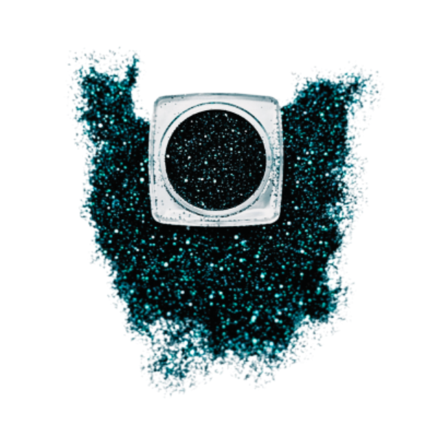 Teal loose glitter in open jar with ultrafine cosmetic-grade glitter for eyes, face, lips and body. 