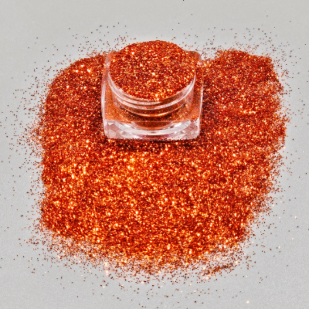 Burnt Orange loose glitter - Pumpkin Pie in open jar with ultrafine cosmetic-grade glitter for eyes, face, lips and body. 