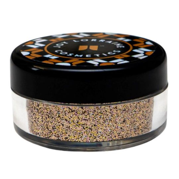 Warm Gold loose glitter - Tan in closed jar with cosmetic-grade glitter for eyes, face, lips and body. 