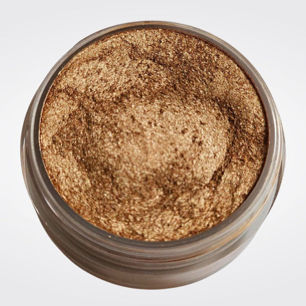 Loose Bronze Highlighter - TobaGLOW in open jar with bronze shimmer highlighter makeup for face and body. 
