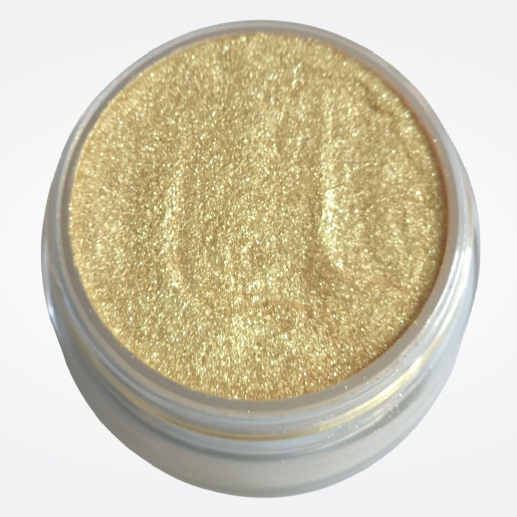 Loose Gold Highlighter - JuliemanGLOW in open jar with gold shimmer highlighter makeup for face and body. 