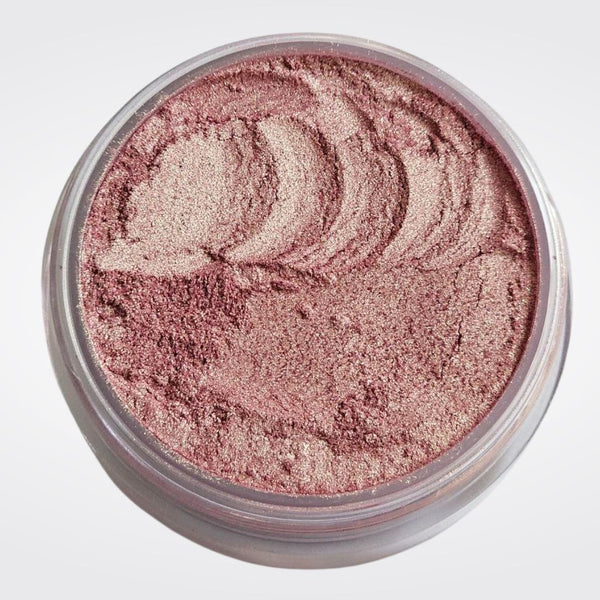 Loose Pink Highlighter - ManGLOWrose in open jar with iridescent pink highlighter makeup for face and body. 