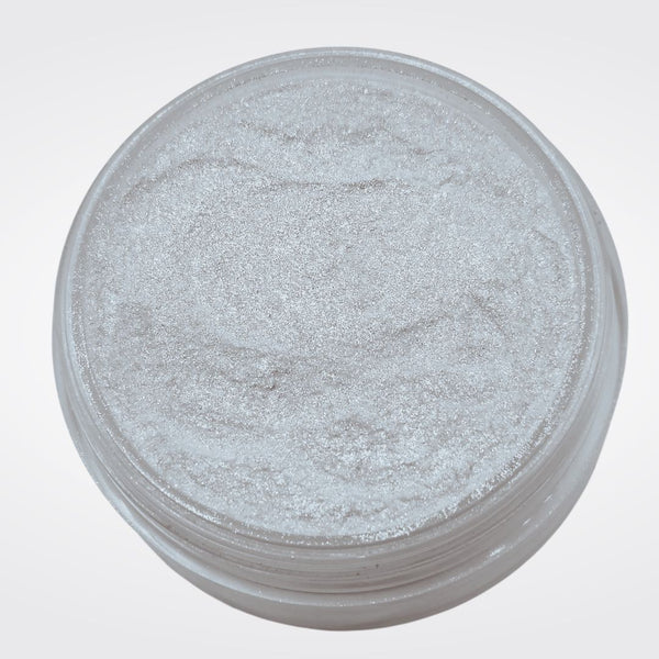 Loose White Highlighter - ChaGLOWnas in open jar with bright white highlighter makeup for face and body. 