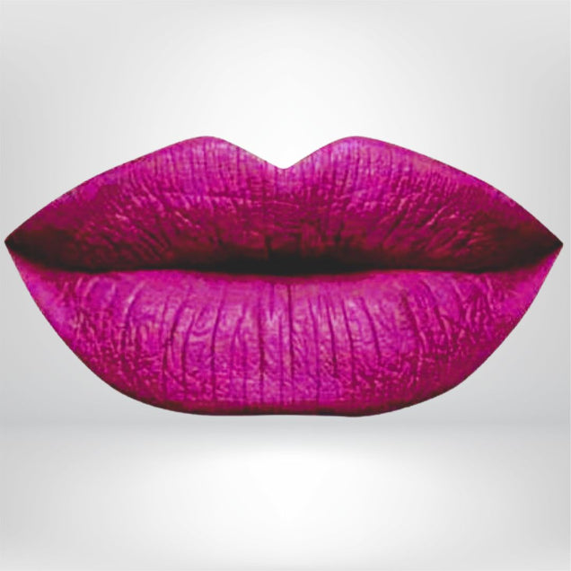 Magenta liquid matte lipstick swatch with high pigment and a smooth transfer-resistant finish designed to complement melanin-rich skin tones.
