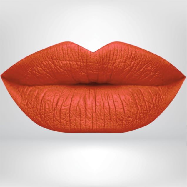 Bright orange liquid matte lipstick swatch with high pigment and a smooth, transfer-resistant finish designed to wear beautifully on melanin-rich skin tones.