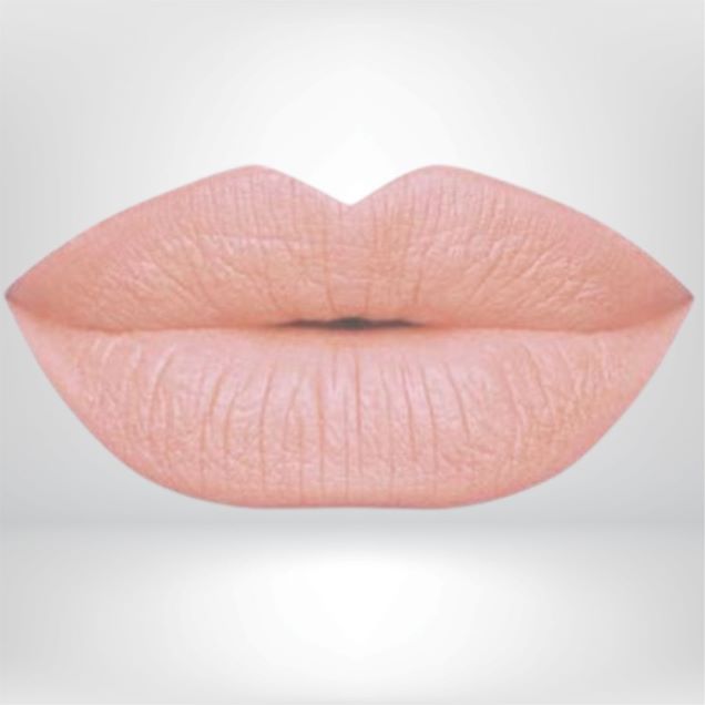 Peach liquid matte lipstick swatch with high pigment and a smooth, transfer-resistant finish designed to complement melanin-rich skin tones. 