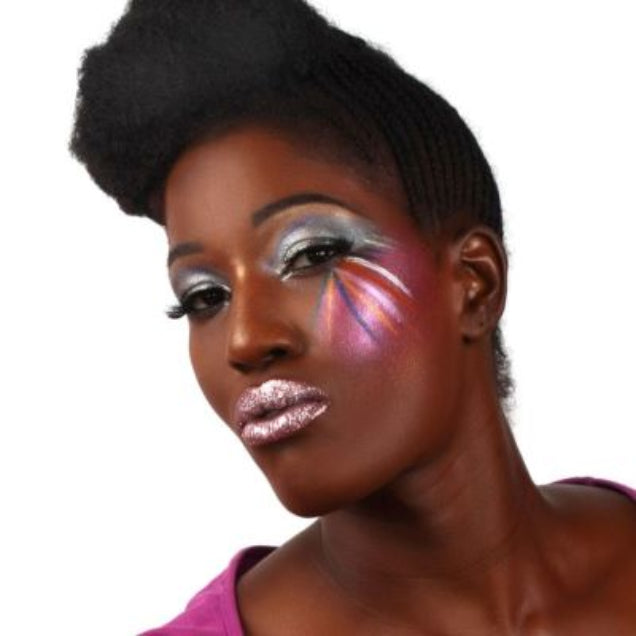 Model wearing glitter lips with intense sparkles also suitable for bold eye looks, face glitter makeup looks, and body art.