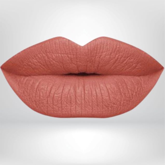Rose Brown liquid matte lipstick swatch with high pigment and a smooth, transfer-resistant finish designed to complement melanin-rich skin tones. 