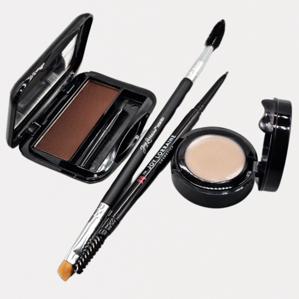 School Dayz Brow Powder Kit in Chocolate Brown featuring brow powder compact, waterproof brow pencil, primer wax, and dual-ended angled brush with spoolie.