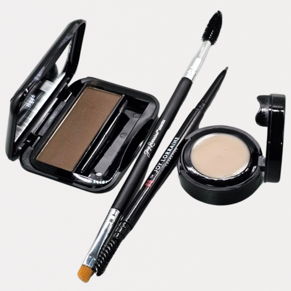 School Dayz Brow Powder Kit in Coffee Brown featuring brow powder compact, waterproof brow pencil, primer wax, and dual-ended angled brush with spoolie.