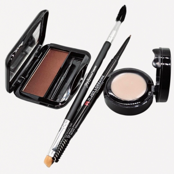 School Dayz Brow Powder Kit in Copper Brown featuring brow powder compact, waterproof brow pencil, primer wax, and dual-ended angled brush with spoolie.