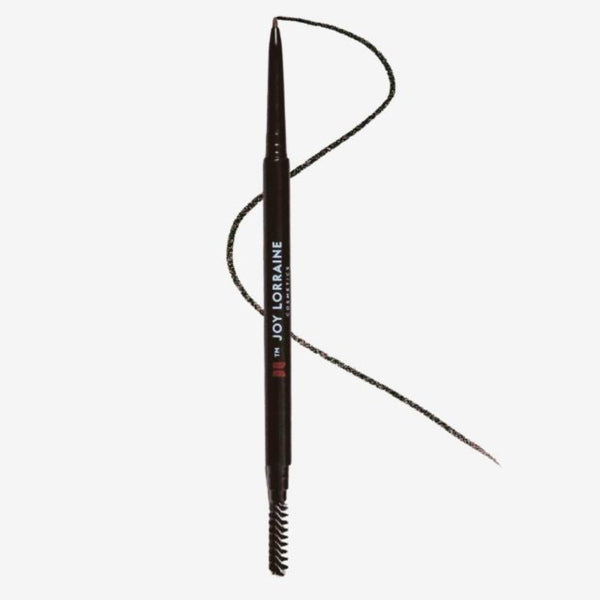 Waterproof retractable eyebrow pencil with attached spoolie brush for filling and shaping brows.