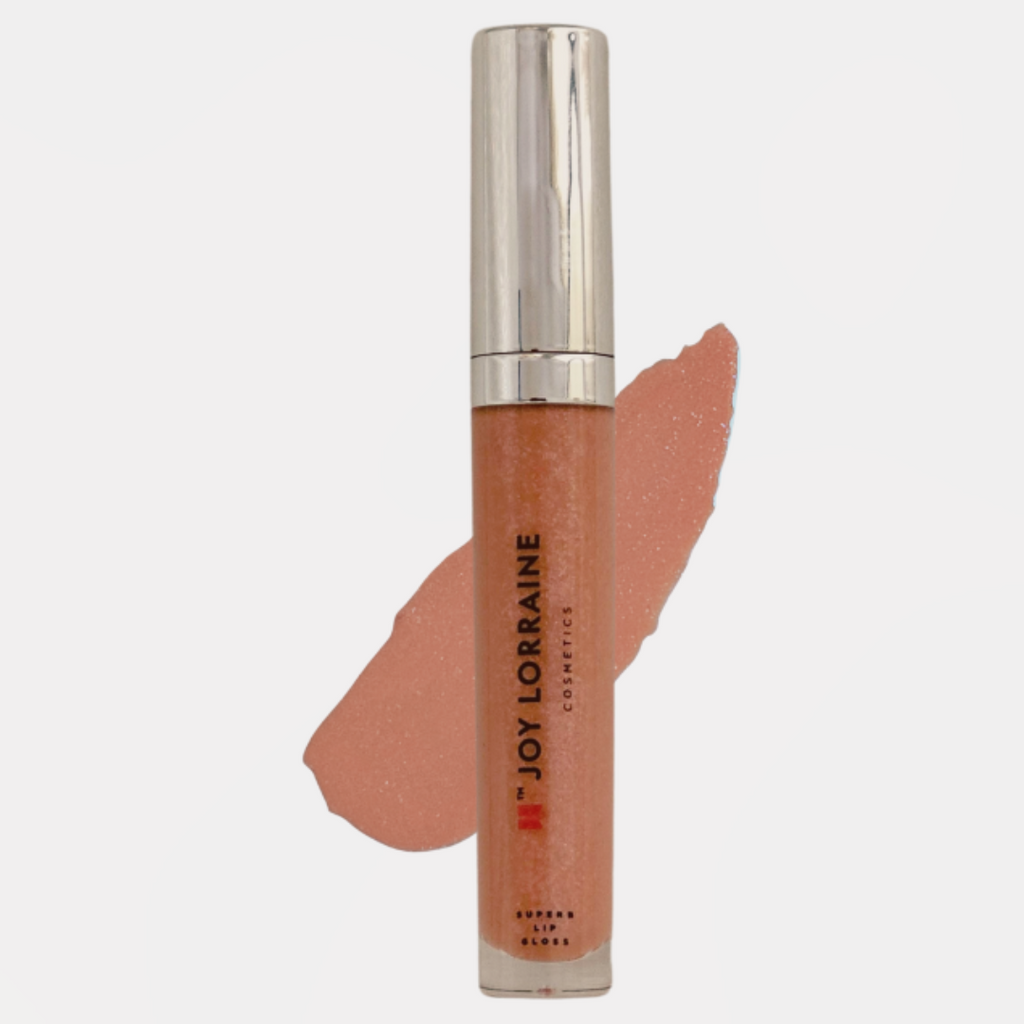 Soft rose vegan lip gloss with high-shine, non-sticky finish shown with swatch designed to complement melanin-rich skin tones.