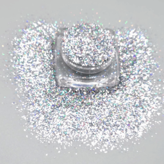 A mixed blend holo silver cosmetic grade glitter for eye makeup, face and body with a high-impact shimmer. 