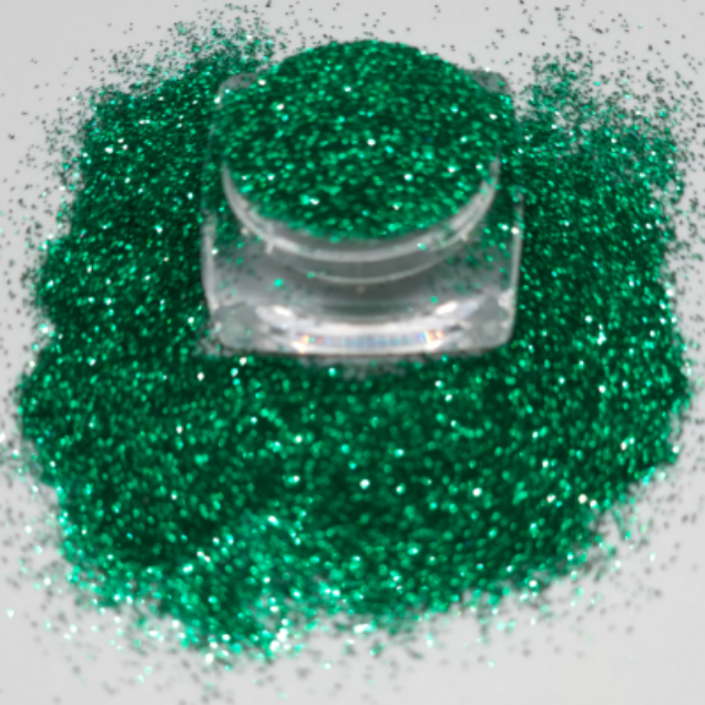 An ultra-fine vivid green cosmetic grade glitter for eye makeup, face and body with a high-impact shimmer. 
