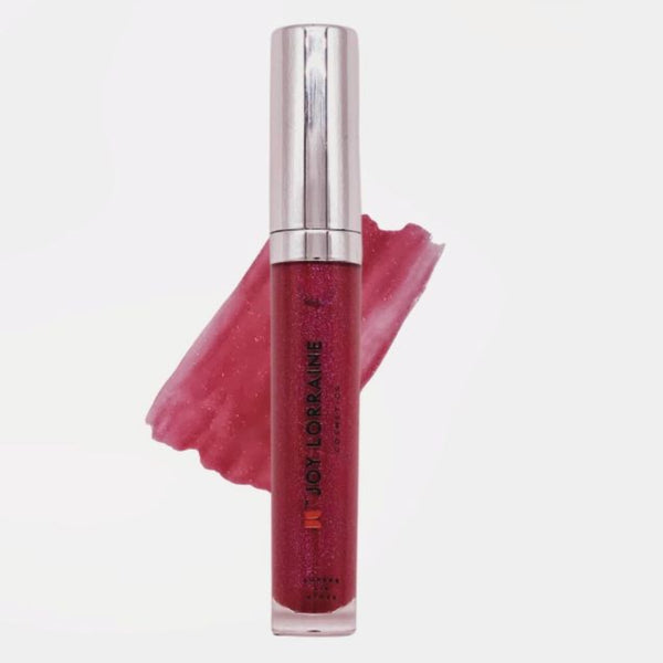 Berry Plum Lip Gloss - OWAH shown with swatch. A high-shine, non-sticky formula that hydrates, smooths, and visibly plump lips. 