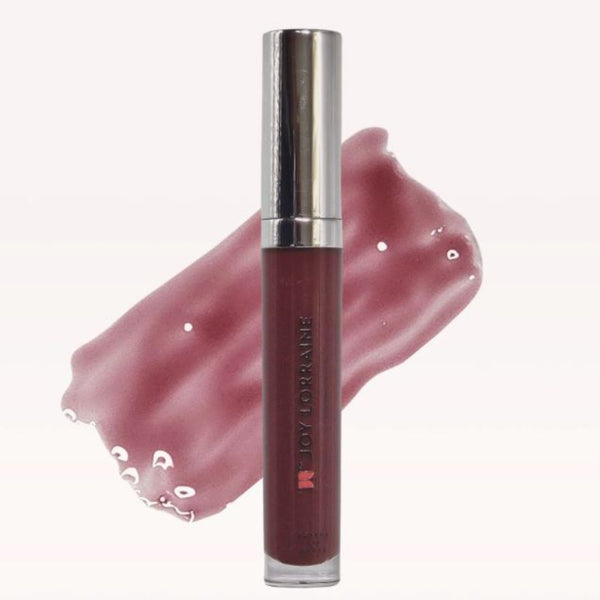 Mauve vegan lip gloss with high-shine, non-sticky finish shown with swatch designed to complement melanin-rich skin.