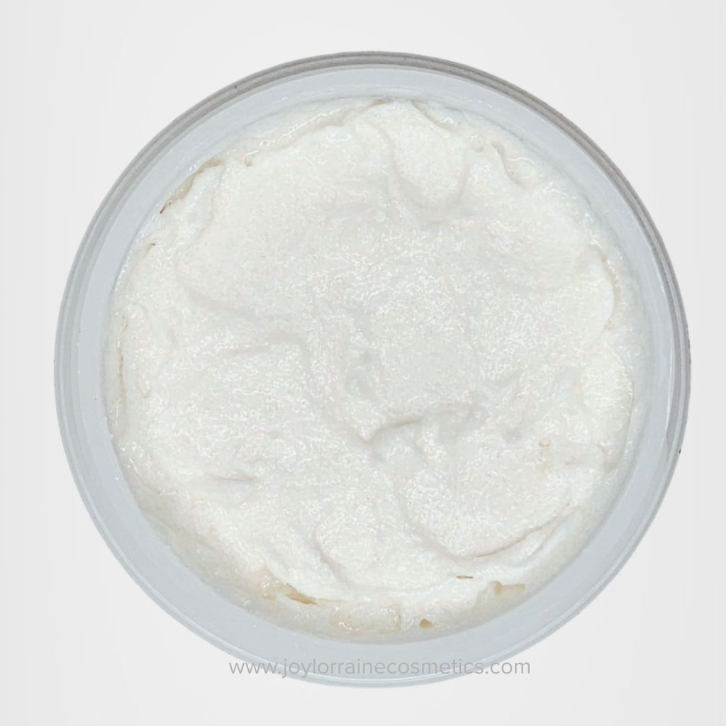 Open jar showing non-abrasive exfoliating face scrub for normal, combination, slightly dry, and slightly oily skin.
