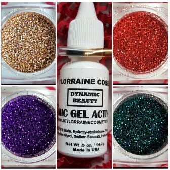 Four 5-gram square jars of loose cosmetic glitters; Dynamic Gel Activator vegan glitter glue 